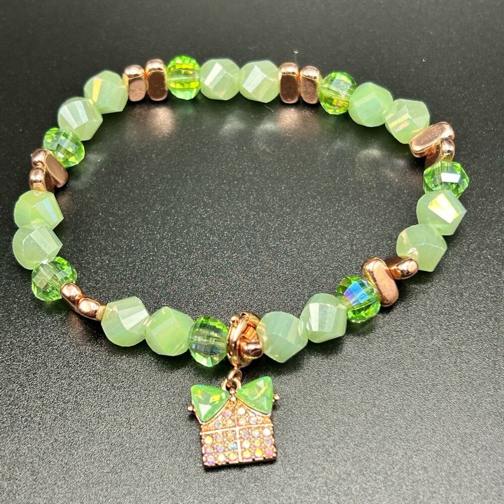 L0184 Bomb Party stretch bracelet green rose gold tone